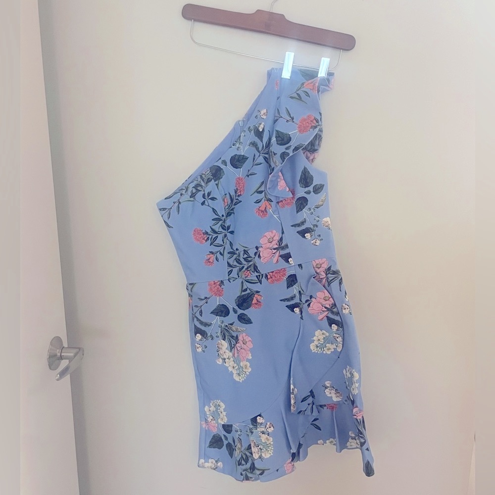 Parker NY One Shoulder Blue Floral Ruffled Dress Size Zero